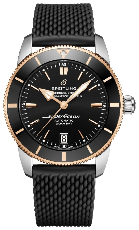 Breitling Superocean Heritage Automatic Chronometer Stainless Steel & 18k Rose Gold Black Dial Black Rubber Strap Date Divers Mens Watch Special Edition UB2010121B1S1