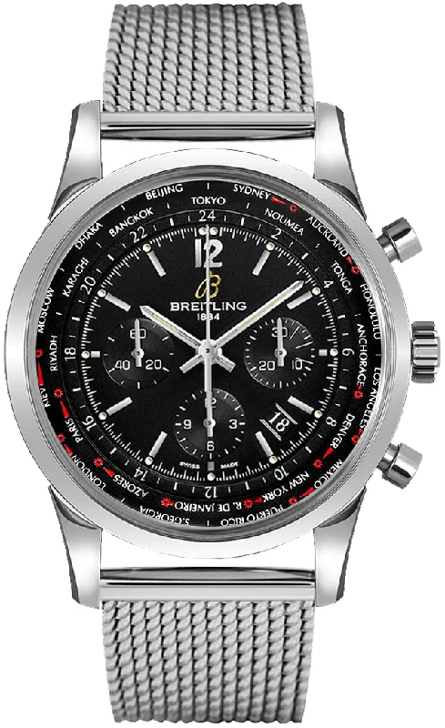 Breitling Transocean Chronograph Unitime Black Dial Steel Men's Watch