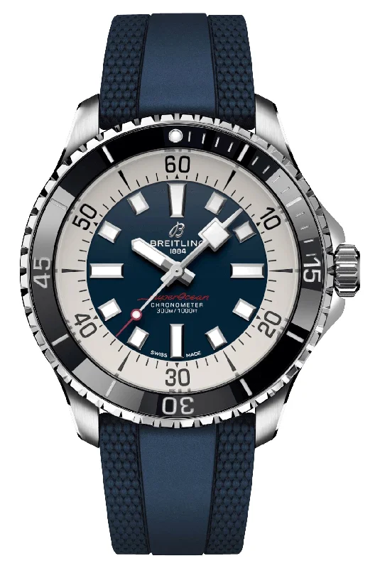 Breitling Superocean Automatic Chronometer Stainless Steel Blue Dial Blue Rubber Strap Divers Mens Watch A17376211C1S1