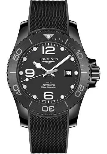 Longines HydroConquest Automatic Watch - 43 mm Black Ceramic Case - Black Ceramic Arabic Dial - Rubber Strap - L3.784.4.56.9