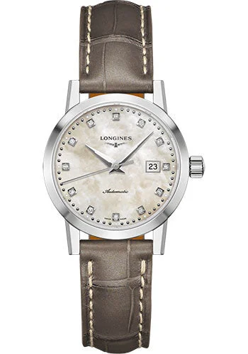 Longines 1832 Watch - 30 mm Steel Case - Beige Mother-Of-Pearl Diamond Dial - Beige Alligator Strap - L4.325.4.87.2