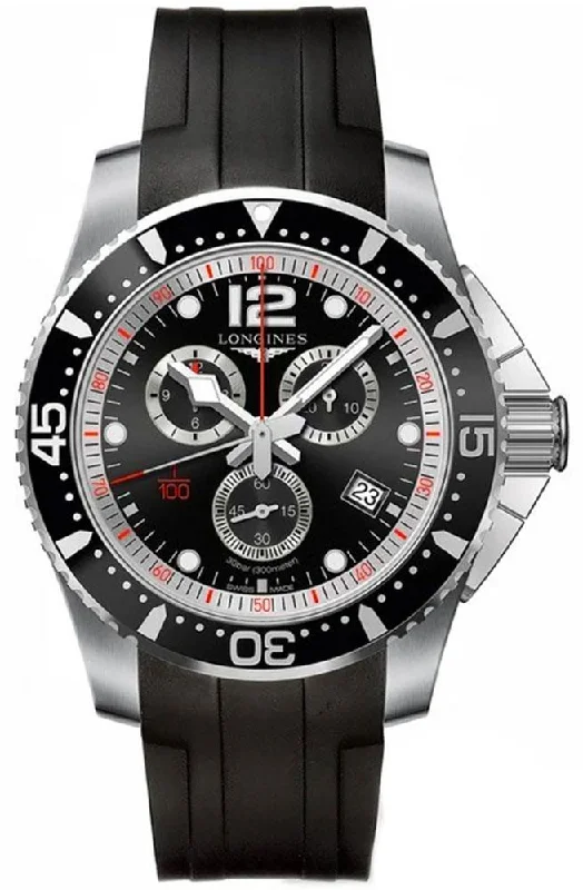 Longines HydroConquest Chronograph Stainless Steel Black Rubber Strap Black Dial Date Quartz Divers Mens Watch L3.843.4.56.2