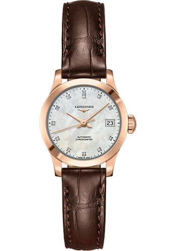 Longines Record collection Watch - 26 mm 18K Pink Gold Case - White Mother-Of-Pearl Diamond Dial - Brown Alligator Strap - L2.320.8.87.2