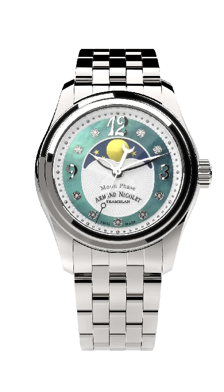 Armand Nicolet Ladies Watch M03 Moonphase 34mm Silver Green A151QAA-AV-MA150