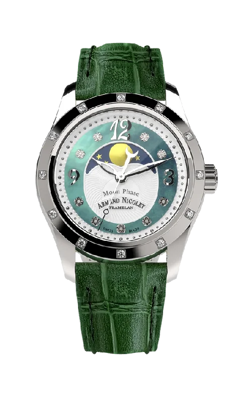 Armand Nicolet Ladies Watch M03 Moonphase 34mm Silver Green A151RAA-AV-P882VR8