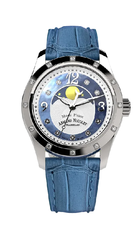 Armand Nicolet Ladies Watch M03 Moonphase 34mm Silver Blue A151RAA-AK-P882LV8