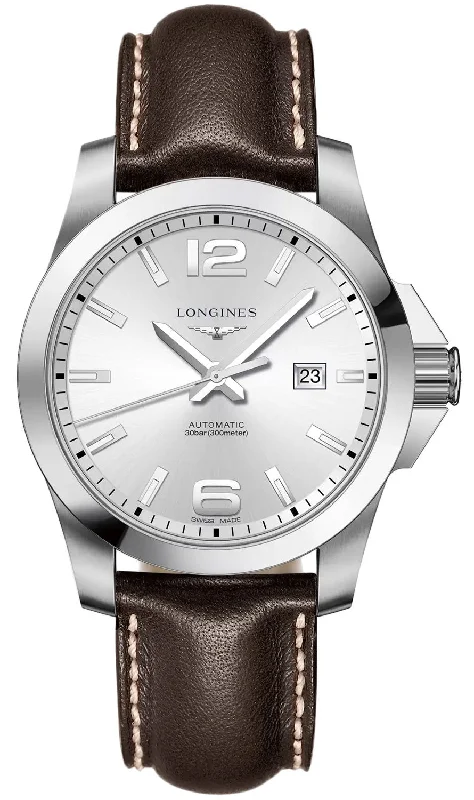 Longines Conquest Automatic Stainless Steel Brown Leather Strap Silver Dial Date Mens Watch L3.778.4.76.5