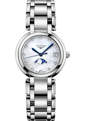 Longines PrimaLuna Moon Phase Quartz Watch - 30.5 mm Steel Case - White Mother-Of-Pearl Diamond Dial - L8.115.4.87.6