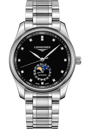 Longines Master Collection Moon Phase Watch - 40 mm Steel Case - Black Diamond Dial - Bracelet - L2.909.4.57.6