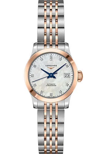 Longines Record collection Watch - 26 mm Steel And 18K Pink Gold Cap 200 Case - White Mother-Of-Pearl Diamond Dial - Bracelet - L2.320.5.87.7