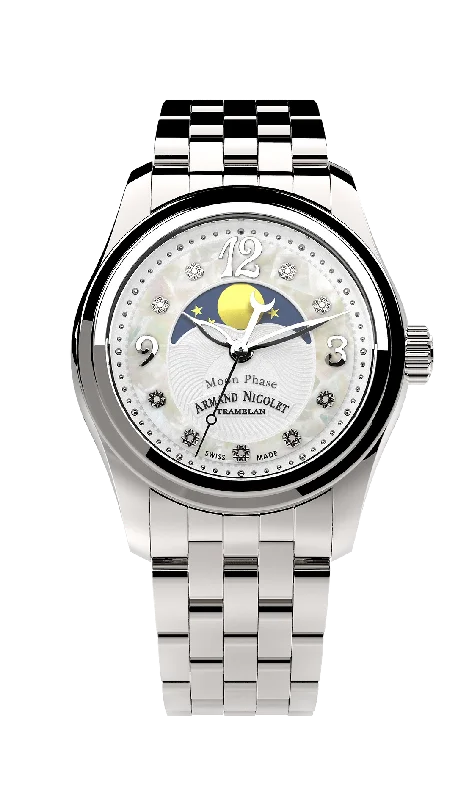 Armand Nicolet Ladies Watch M03 Moonphase 34mm Silver White A151QAA-AN-MA150