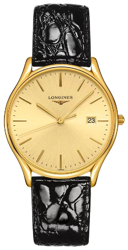 Longines Lyre Yellow Gold PVD Gold-Tone Dial Black Leather Strap Date Quartz Mens Watch L4.859.2.32.2