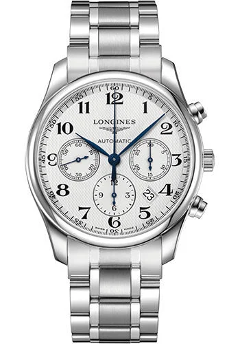 Longines Master Collection Chronograph Small Seconds Watch - 42 mm Steel Case - Silver Barleycorn Arabic Dial - Bracelet - L2.759.4.78.6