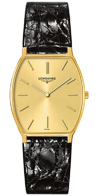 Longines Prestige 18K Yellow Gold Tonneau Black Leather Luxury Mens Watch L4.823.6.32.0