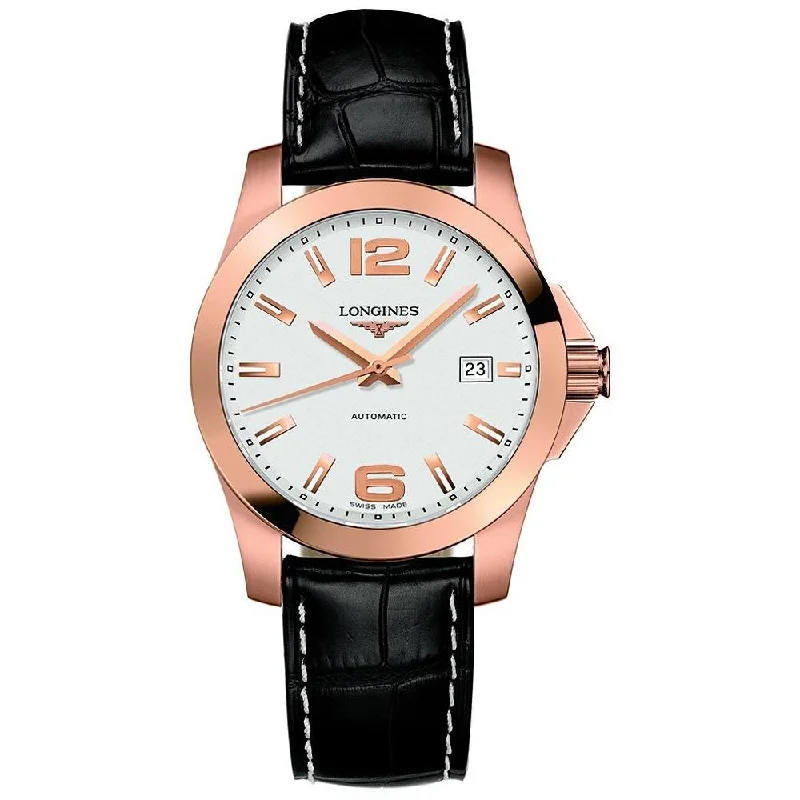 Longines Men's L36768763 Conquest 18kt Rose Gold Automatic Black Leather Watch