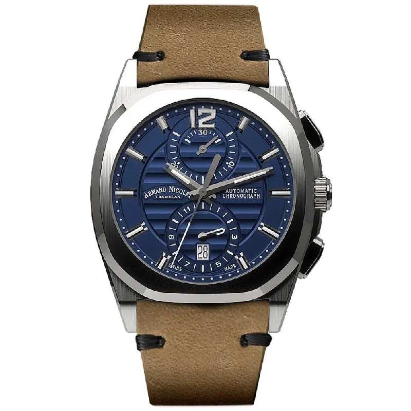 Armand Nicolet Men's Chronograph Watch J09-3 Brown Leather Blue A668AAA-BU-PK4140CA