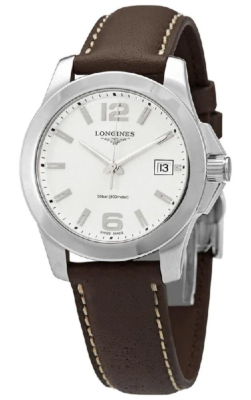 Longines Conquest Stainless Steel Brown Leather Strap Silver-Tone Dial Date Quartz Womens Watch L3.377.4.76.5