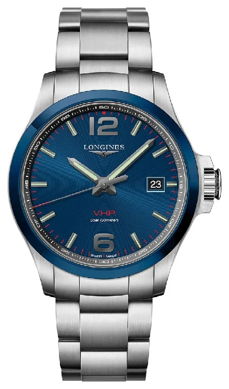 Longines Conquest V.H.P. Ceramic & Stainless Steel Blue Dial Perpetual Calendar Date Quartz Mens Watch L3.729.4.96.6