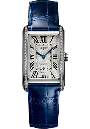 Longines DolceVita Small Seconds Quartz Watch - 23.30 X 37 mm Steel Diamond Case - Silver FlinquŽ Roman Dial - Blue Strap - L5.512.0.71.7