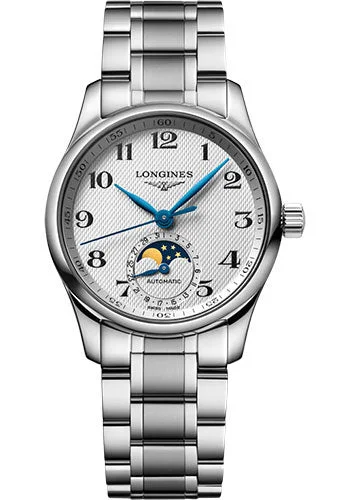 Longines Master Collection Moon Phase Automatic Watch - 34 mm Steel Case - Silver Barleycorn Arabic Dial - Bracelet - L2.409.4.78.6