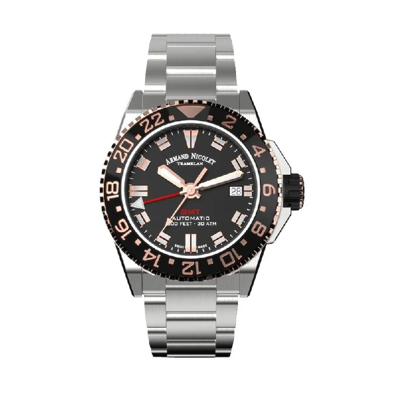 Armand Nicolet JS9-41 GMT Stainless Steel Black Bezel