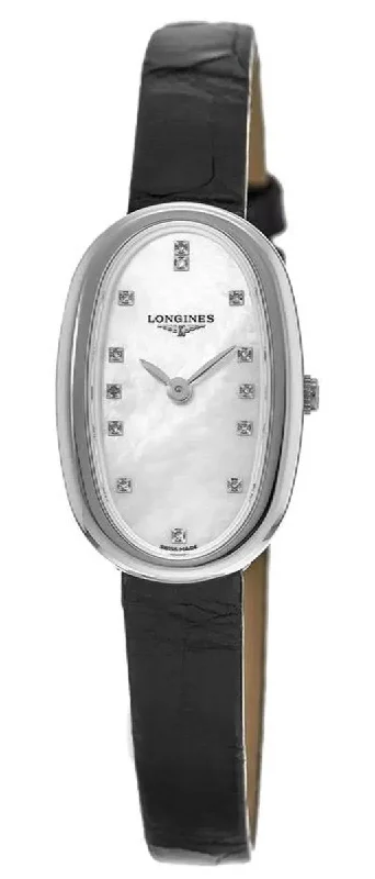 Longines Symphonette Black Leather Strap Stainless Steel Mother-Of-Pearl Dial Diamonds Womens Watch L2.305.4.87.0