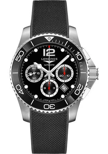 Longines HydroConquest Chronograph Automatic Watch - 43 mm Steel And Ceramic Case - Black Arabic Dial - Rubber Strap - L3.883.4.56.9