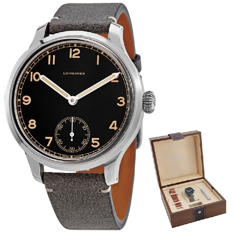 Longines Heritage Military 1938 Limited Edition Mechanical Hand-Wind Stainless Steel Black Dial Gray/Brown Interchangeable Leather Strap Mens Watch L2.826.4.53.2