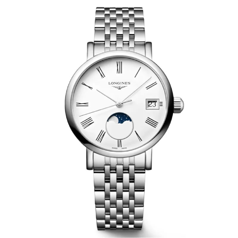 Longines Elegant Moonphase White Matt Dial Men 30mm