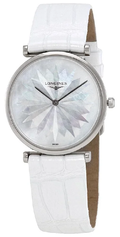 Longines La Grande Classique Stainless Steel Mother-Of-Pearl Dial White Leather Strap Quartz Womens Watch L4.512.4.05.2